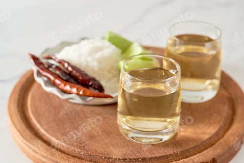 Preview: Mexican tequila splash by lime falling into the glass.
