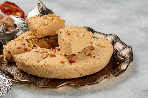 Preview: Close up photo of halva dessert on silver plate