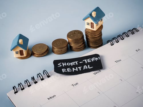 Preview: Miniature Houses on Rising Coin Stacks and Calendar with "Short-Term Rental" Text