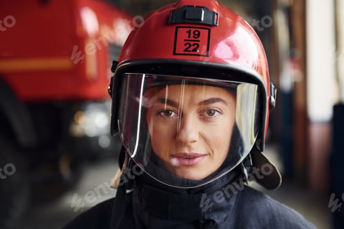 Preview: Close up view. Female firefighter in protective uniform standing near truck