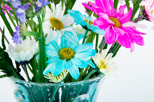 Preview: side view of a bouquet of pink white purple and blue color statice and chrysanthemum flowers