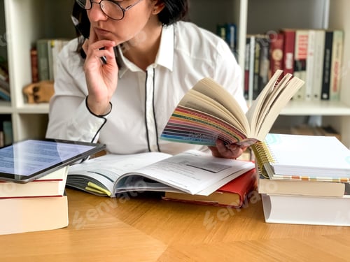 Preview: Candid millennial young woman is studying or working from home. Freelancer. Studying, making report