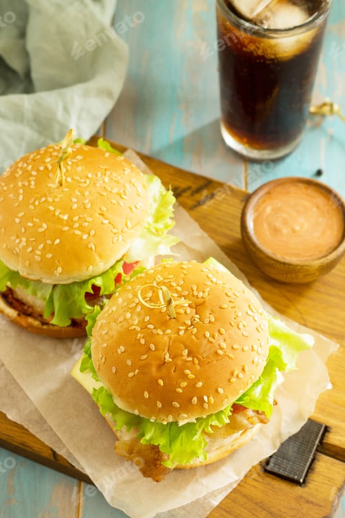 Preview: American snack Street food. Fast food. Homemade hamburger with bacon and cola drink on wooden rustic