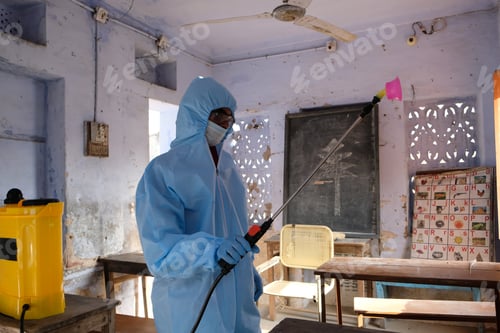 Preview: Indian sanitary worker conducting disinfection of the interior during the COVID-19 pandemic