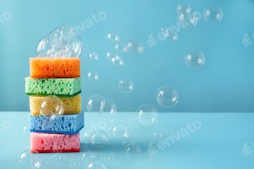 Preview: Colorful cleaning sponges with soap bubbles on blue background. Cleaning service and spring cleaning