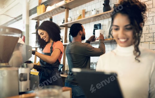 Preview: Happy woman, tablet and team in small business at cafe for hospitality service at coffee shop. Fema