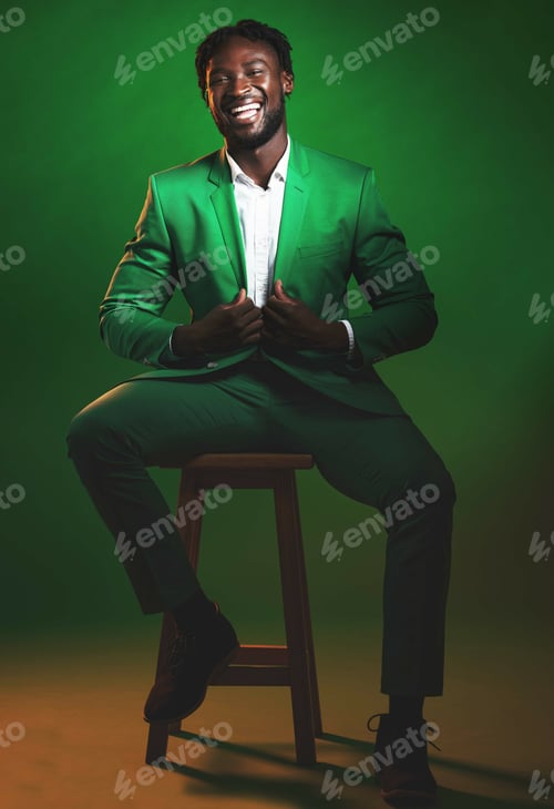 Preview: Fashion, trendy and black man model in a suit on chair in the studio with elegant, fancy and stylis