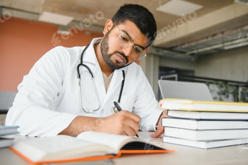 Preview: multiracial South Asian medical students with a medical court and stethoscope. medical student life