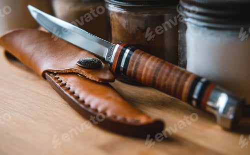 Preview: Closeup of a brown knife with a case surrounded by spice jars on a wooden table under the lights
