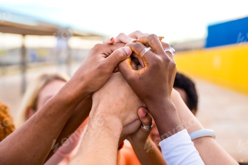 Preview: Hands of multi-ethnic people joining in the air