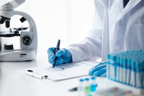Preview: Scientist analyze biochemical sample in advanced scientific laboratory. Medical professional check