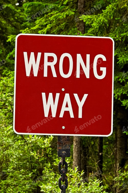 Preview: A red wrong way sign against trees