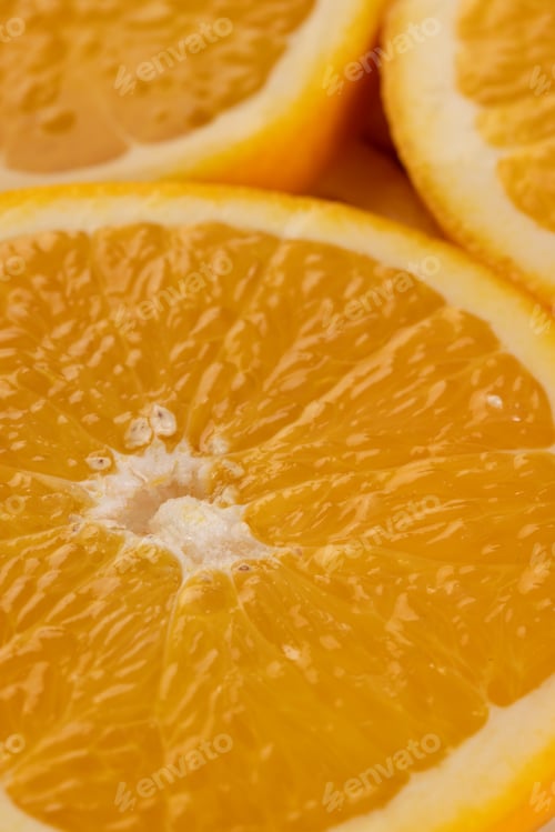 Preview: Micro close up of sliced orange and copy space