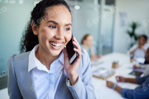 Preview: Happy business woman, phone call and meeting for communication, discussion or networking at office.