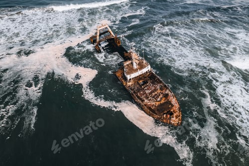 Preview: Aerial Drone View of Zeila Shipwreck in Ocean, Skeleton Coast in Namibia,Africa