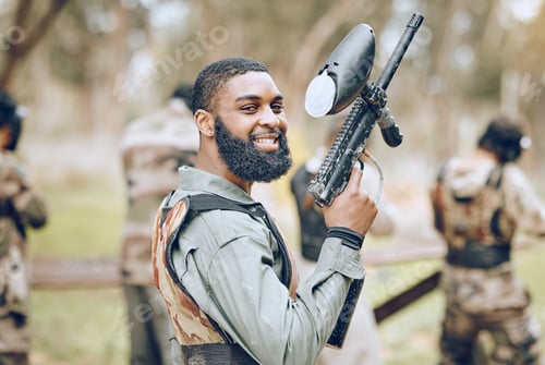 Preview: Sports, paintball and portrait of black man with gun ready for games, arena match and shooting batt