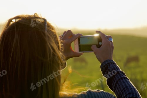 Preview: Woman taking a beautiful landscape photo of green grass, horses and a sunset during golden hour.