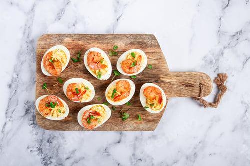 Preview: Boiled eggs stuffed with yolk and seasoned with mayonnaise, stuffed eggs with shrimp,