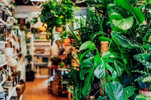 Preview: Selective focus exotic green house plants in the flower pots with blurred store interior. Business