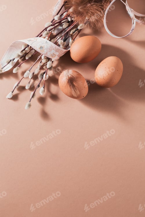 Preview: Easter background with natural color eggs and brown feathers