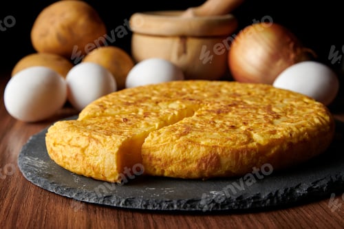 Preview: Closeup of a fresh tasty Spanish omelette and the ingredients on the background