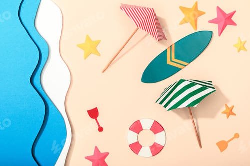 Preview: top view of paper beach with summer umbrellas, lifebuoy and surfboard on sand near ocean