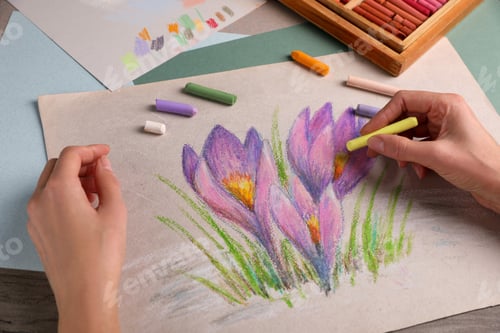 Preview: Woman drawing beautiful crocus flowers with soft pastel at wooden table, closeup