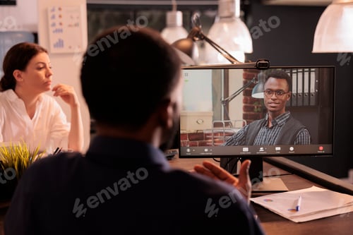 Preview: African american executive manager speaking on corporate videocall