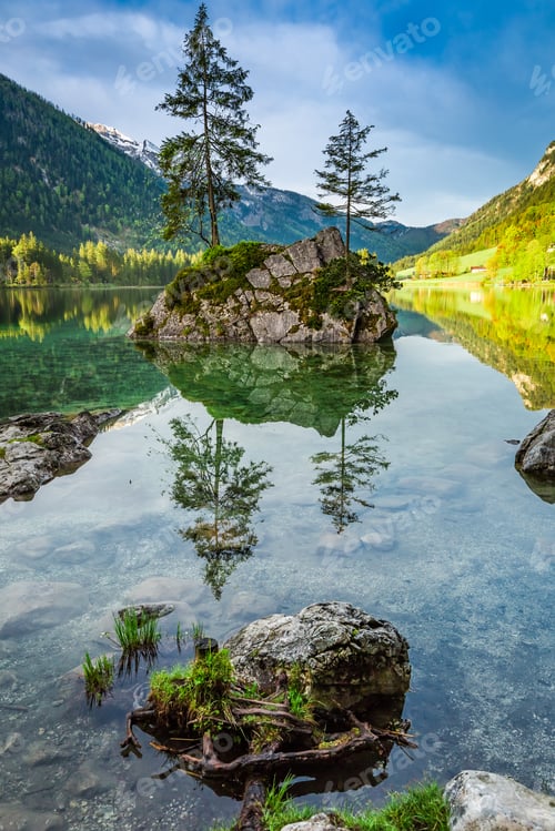 Preview: Summer sunrise at Hintersee lake in Alps, Germany, Europe