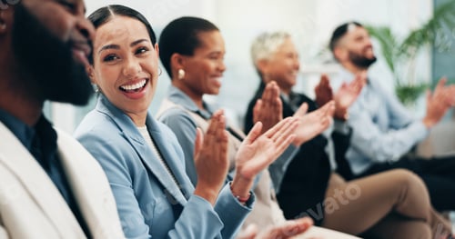 Preview: Business people, woman and team applause in conference, tradeshow and support feedback of success.