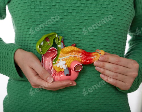 Preview: Woman suffering from pain in pancreas area and gallbladder. Treatment of pancreatic diseases, acute
