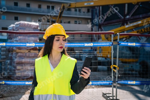 Preview: Ethnic female architect using smartphone near unfinished building