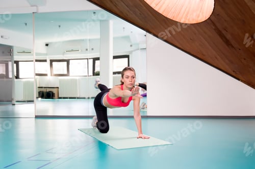 Preview: Young woman doing exercise in gym