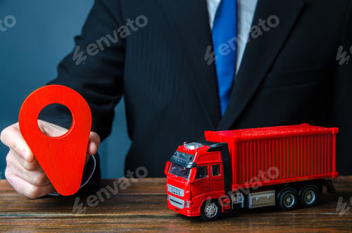 Preview: Truck and businessman with red location pin.