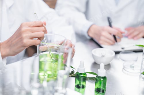 Preview: medicine chemical research with organic nature herbal plant in laboratory, cosmetic extract liquid