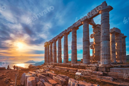 Preview: Poseidon temple ruins on Cape Sounio on sunset, Greece