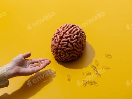 Preview: Female holds pills near brain on yellow background