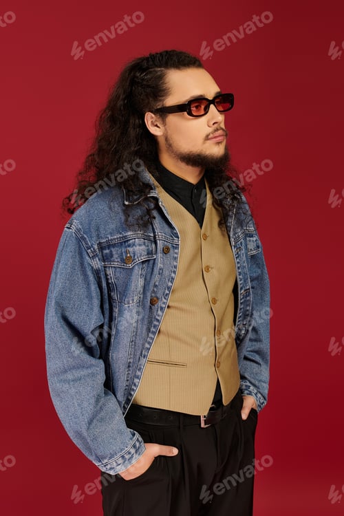 Preview: Handsome young man with beard poses confidently in stylish outfit against bold red backdrop