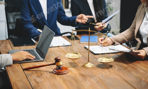 Preview: business people and lawyers discussing contract papers sitting at the table.