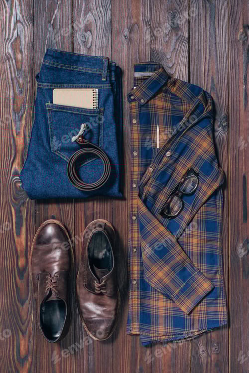 Preview: flat lay with male stylish shirt, shoes, jeans, eyeglasses and belt arranged on wooden surface