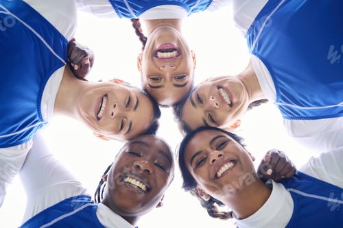 Preview: Sports women, circle and low angle for teamwork, motivation and portrait with support for training.