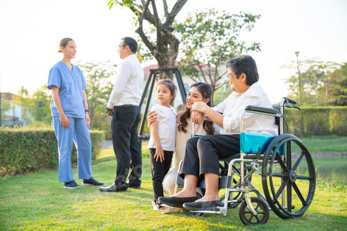 Preview: Asian family stay in garden in area of their home village with soft light in evening and look happy