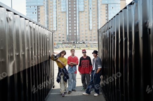 Preview: Group of Friends Standing Between Shipping Containers