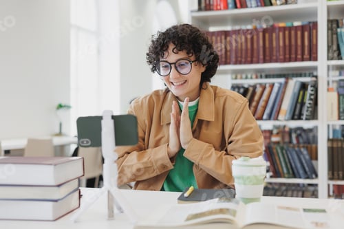 Preview: millennial Spanish woman with wavy hair works at a laptop in a modern library or office