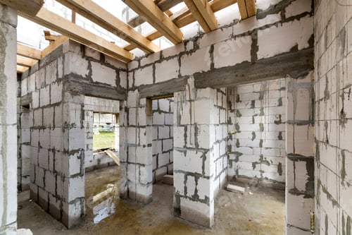 Preview: House room interior under construction and renovation. Energy saving walls of hollow foam insulation