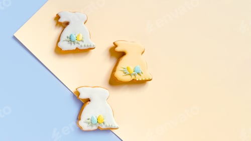 Preview: Easter homemade baked gingerbread with different pattern of icing or cookies in the shape of bunny.