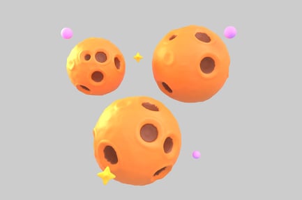 Preview: Abstract composition of three orange spheres with holes and a yellow star.