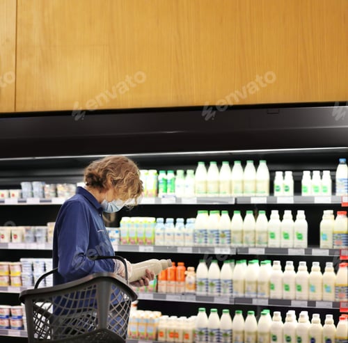 Preview: Supermarket Shopping, Face Mask And Gloves,Young Man Shopping In Supermarket, Reading Product
