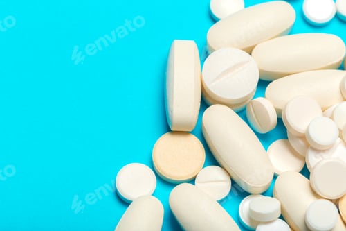 Preview: Different types of pills and tablets scattered on a bright blue surface in an indoor setting