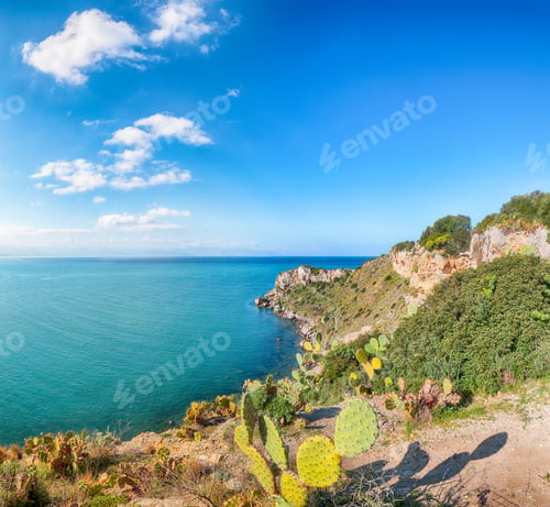 Preview: Scenic spring view on the the cape Milazzo panorama of nature reserve Piscina di Venere.